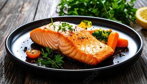 A plate of grilled salmon with vegetables on a wooden table