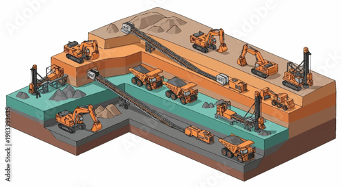 Illustration of mining operations with heavy machinery and underground tunnels.