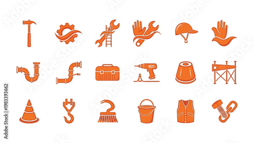 Essential Tool Icons: An assortment of construction and industrial tools are artfully arranged, each icon a testament to craftsmanship and the building trades.