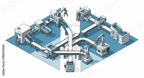 Automated factory production line with robotic arms and conveyor belts in a clean, modern industrial setting.