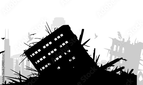 Black silhouette of a collapsed building with rubble and debris against a white background, depicting earthquake destruction, urban disaster, and structural devastation concepts
