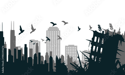  Silhouette of a destroyed city skyline with crumbling buildings and birds flying overhead, depicting urban destruction, war, disaster, and post-apocalyptic devastation concepts