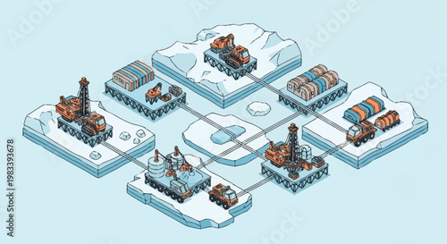Isometric illustration of an arctic industrial complex with drilling rigs and transport vehicles.