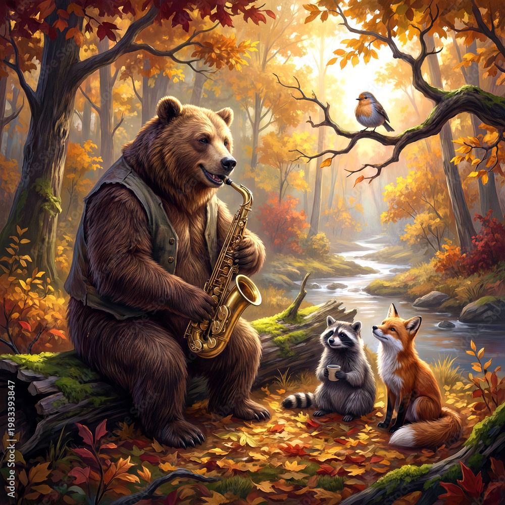 Obraz premium A bear sits on a log in a forest, playing a saxophone for its forest friends in the autumn woods