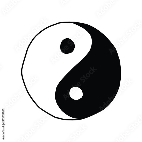 Minimalist hand-drawn Yin Yang symbol in black and white. Represents balance, harmony, and Taoist philosophy. Editable vector EPS isolated on white background. Hand Drawn Black and White Yin Yang sign