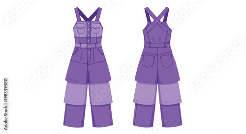 A stylish and contemporary flat technical illustration of a vibrant purple layered wide-leg jumpsuit, showcasing front and back views with detailed