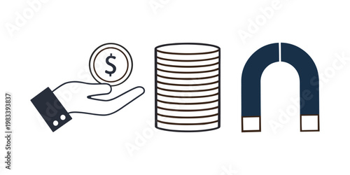 A conceptual illustration representing the magnetic attraction of wealth and capital accumulation Vector