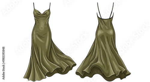 Elegant green slip dress illustration, showing front and back. Features a cowl neck, thin straps, and a long, flowing silhouette, ideal for apparel