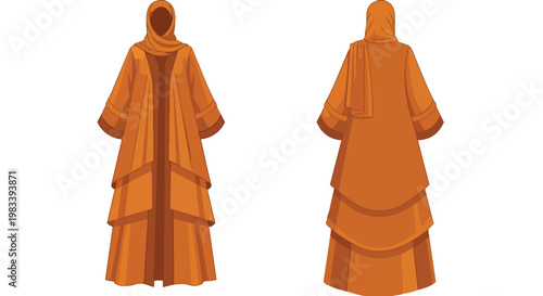Elegant traditional Islamic attire illustration featuring full body modesty garment with head covering