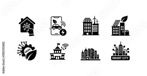 Smart city silhouettes: eco buildings, electric cars, and modern technology icons
