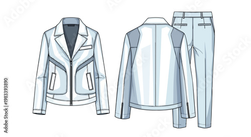 Technical flat drawing of a men's jacket, front and back views, with zippered details, paneling, and tailored trousers for fashion design and