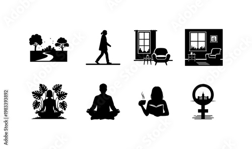 Minimalist silhouettes of daily life and relaxation scenes