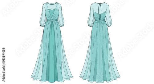 Elegant aqua flowy evening gown with sheer sleeves fashion design illustration front and back views for textile pattern inspiration