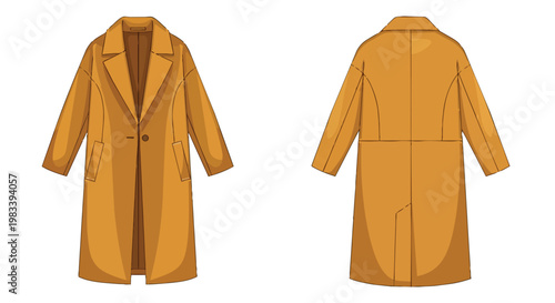 A fashionable and versatile long coat vector illustration, showcasing its distinct caramel hue and elegant design from both front and reverse