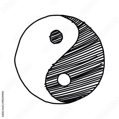 Artistic hand-drawn Yin Yang symbol with hatching texture. Minimalist black and white sketch representing balance and harmony. Editable vector EPS for creative spiritual design. Hand Drawn Sketchy.