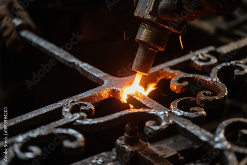 Close-up of metal being welded with a torch, creating bright sparks on an ornate ironwork design