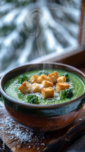 Wallpaper Mural Nourishing bowl vibrant green soup garnished with crunchy croutons steamed broccoli sits on rustic wooden table by window, overlooking peaceful snowy landscape, creating cozy serene atmosphere in room Torontodigital.ca