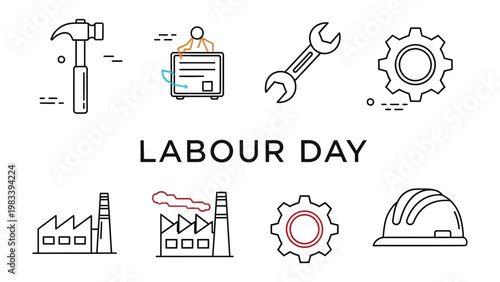 Labour Day Celebration: A graphic representation, paying homage to workers. Embodying labour, hard work, and industry, featuring a variety of tools and industrial elements.