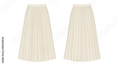 Technical fashion flat drawing showing a women's long pleated skirt in light cream, with detailed front and back views for apparel design and