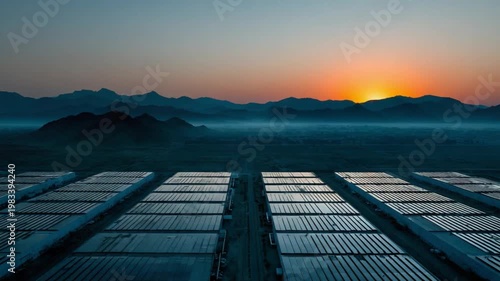 Solar Panel Installation at Sunset:  Expansive solar panels, a testament to renewable energy, stretch across the landscape, embracing the warm hues of a stunning sunset.