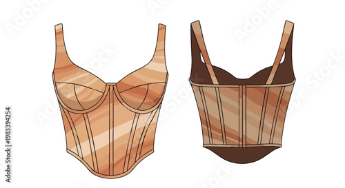 Elegant fashion flat sketch of a modern structured corset top with earthy tones and intricate details