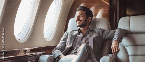 indian man in luxury travel setting, airport lounge or private jet style interior, premium travel lifestyle concept