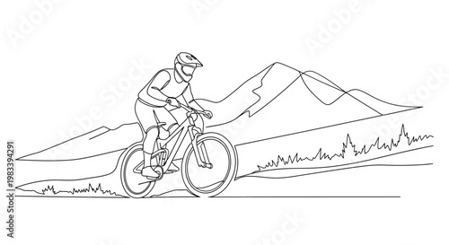 A person on a bike rides down a mountain trail with a simple mountain range backdrop