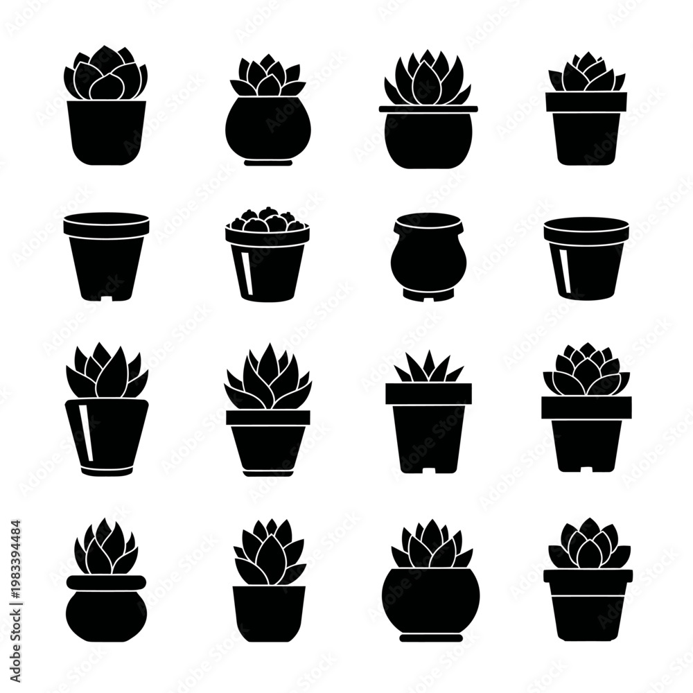 Fototapeta premium The illustration depicts various potted plants arranged in rows on a white background.
