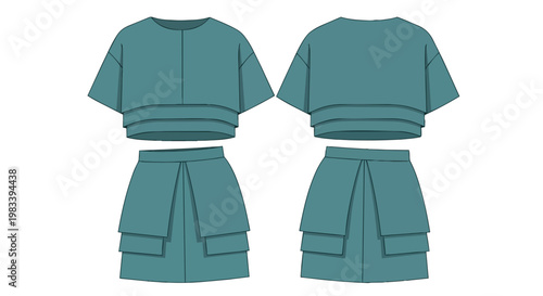 Conceptual fashion flat sketch showcasing a contemporary two-piece women's ensemble with layered top and pleated skirt design, front and back views