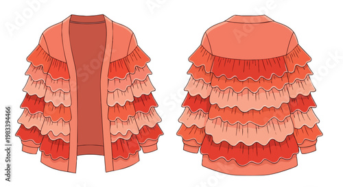 Detailed fashion flat sketch of an open-front coral tiered ruffle cardigan presented with clear front and back views for apparel design and