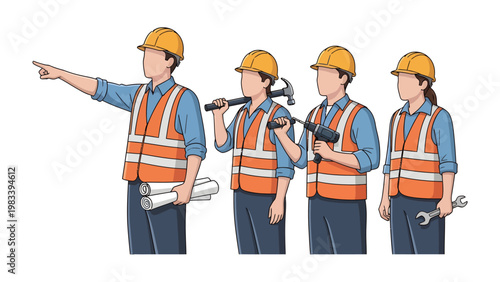 Construction Crew Illustration: A group of construction workers, each bearing their own unique tool, stands ready for the day's project.