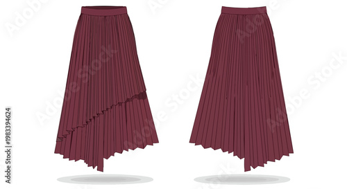 Elegant burgundy pleated skirt vector illustration showcasing contemporary fashion design with an asymmetrical hemline for versatile style