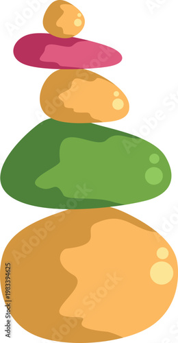 Cairn of colorful stones showing stability and meditation on a white background