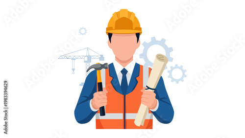 Construction Blueprint: A construction worker, equipped with a blueprint and a hammer, stands ready to build, representing precision, skill, and the realization of architectural dreams.
