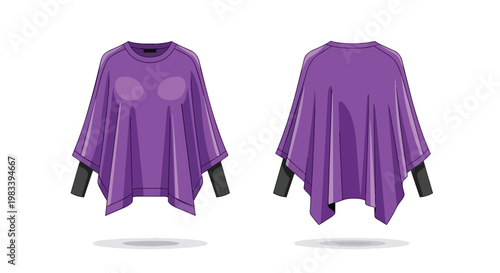 Vibrant purple flowy top with long black sleeves, presented in clear front and back views, a contemporary and comfortable layered fashion item for