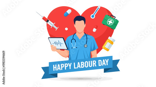 Healthcare Labor Day Tribute: A healthcare professional, embodying the spirit of care, stands centered, surrounded by symbols of medicine and the unwavering heart of service.
