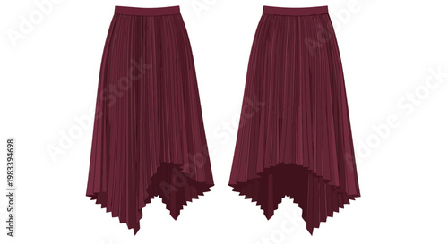 Sophisticated maroon pleated skirt design with an avant-garde high-low jagged hemline capturing modern fashion elegance and unique textile artistry