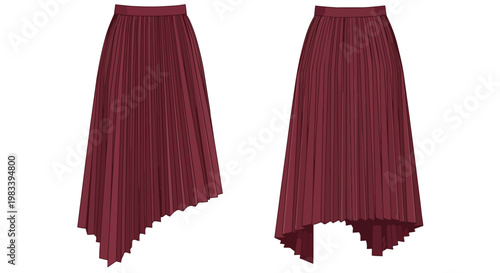 Elegant burgundy pleated skirts display modern asymmetrical hemlines. Apparel showcasing intricate accordion folds, perfect for a sophisticated