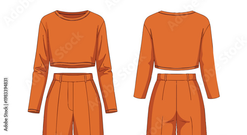 Vibrant orange two-piece outfit design with long-sleeve crop top and wide-leg pants fashion flat vector illustration