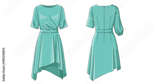Elegant teal dress fashion illustration with a unique asymmetrical hemline design featuring a flattering draped bodice and short sleeves perfect for