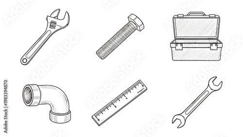 Tools Collection: A detailed illustration showcasing a curated collection of essential tools, each meticulously drawn to highlight its form and function.