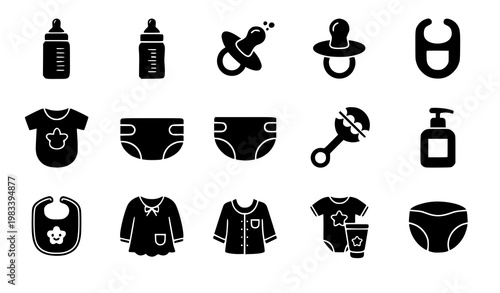 Infant care icon collection baby essentials feeding hygiene vector isolated on white