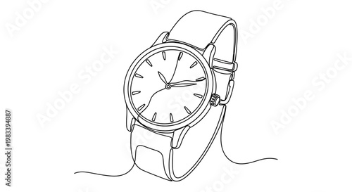 Single-line drawing of a wrist watch with hands pointing to 1010