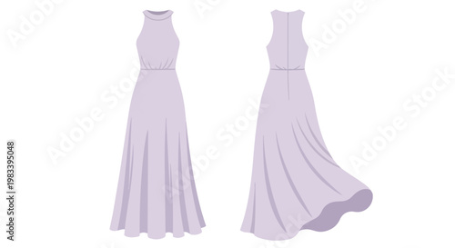 Elegant lavender halter neck maxi dress, front and back views, ideal for fashion design and apparel