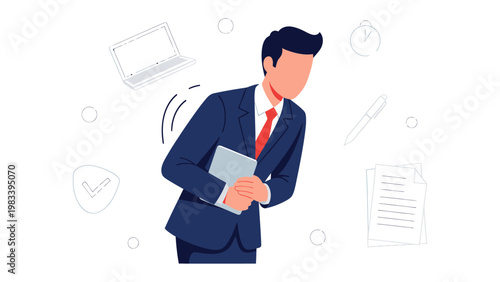 Focused Professional: An illustrated professional, dressed in a sharp business suit, is engrossed in his work. He embodies dedication and precision as he navigates the modern work environment.
