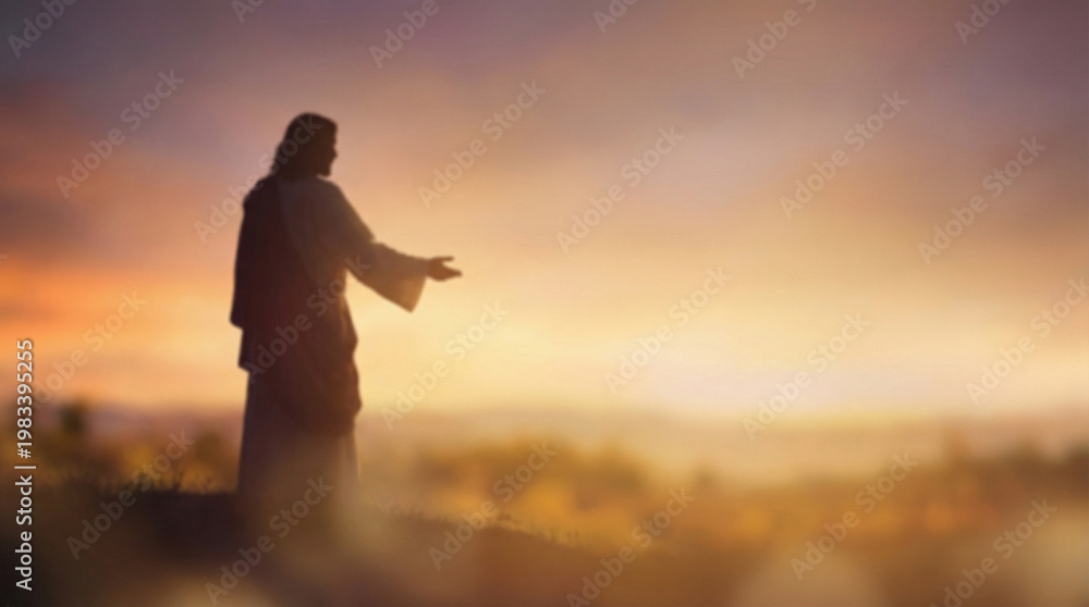 Fototapeta premium Artistic silhouette of a figure with outstretched arms against a vibrant sunset sky, surrounded by soft, blurred landscape elements. Biblical scenes, suitable for religious content, Easter concept