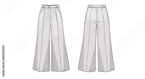 Detailed fashion flat of elegant wide-leg women's trousers. Front and back views highlight vertical seams, a refined waistband, and practical