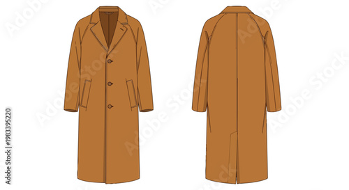 Technical flat drawing of a classic long brown overcoat, front and back views for apparel design needs