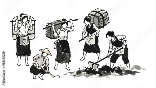 Farmers at Work: A stylized illustration capturing the dedication of rural farmers diligently engaged in manual labor, depicting various aspects of agricultural life.
