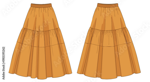 A beautifully rendered illustration of a warm amber long tiered maxi skirt, showcasing relaxed bohemian fashion design for comfortable and stylish